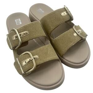 Fit Flop F-Mode Buckle Shimmerlux Flatform Two-Bar Buckle Slides Gold Size 7.5